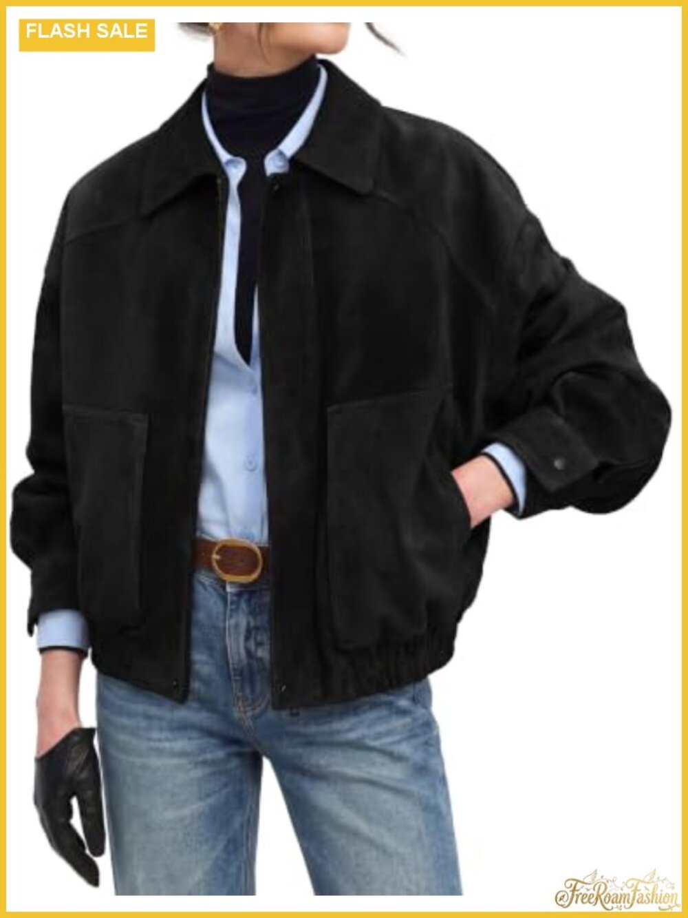 Faux Suede Oversized Bomber Jacket Zip Front Long Sleeve